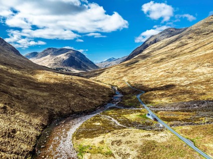 Mountains and Moors over Glen Etive Valley from a drone, Buachaille Etive Mòr, The Buachaille,