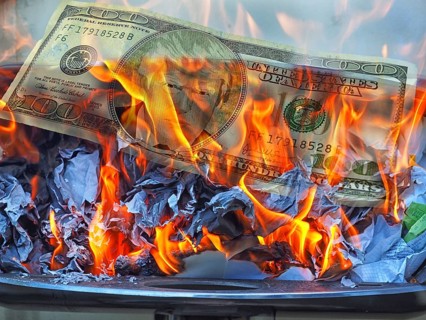 Symbolic image, Donald Trump on 100-dollar note burns in fire, Wall Street and Dax crash, President