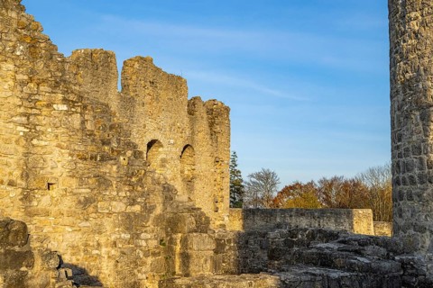 Mighty castle ruins on a hill in the evening sun, surrounded by landscape and trees, Wolfstein