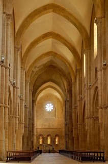 Nave, choir with altar, interior, Gothic basilica of the Cistercian abbey of Fossanova Monastery,