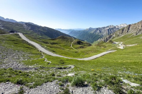View of southern ramp southern ascent mountain road Alpine road to pass in Alps High Alps Alpine