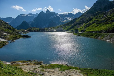View from 2473 metre high alpine pass summit of Col du Grand Saint Bernard Great Saint Bernard Pass