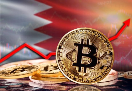 Bitcoin with Bahrain flag in the background. Investors in cryptocurrency and Blockchain Technology