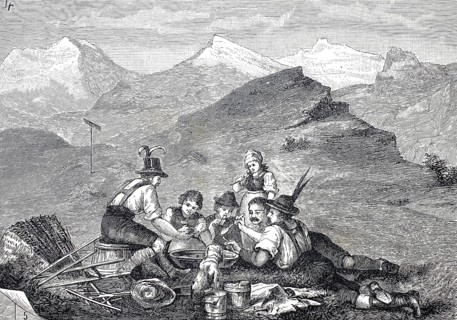 Alpine farmers taking a break while mowing the mountains, Vesper, Alps, Tyrol, around 1880,