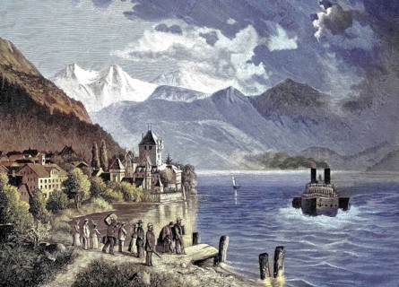 Lake Thun, Thunersee, is an alpine lake in the Bernese Oberland in Switzerland, here with Oberhofen