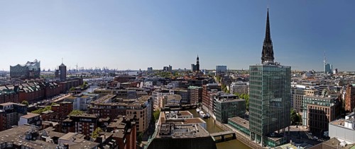 City view from above with the Elbphilharmonie and the St. Nikolai memorial, Hamburg, Germany