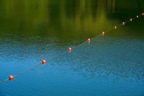 Row of red buoys on calm, green-blue water, summer, Rursee, Rurberg, Simmerath, Eifel National