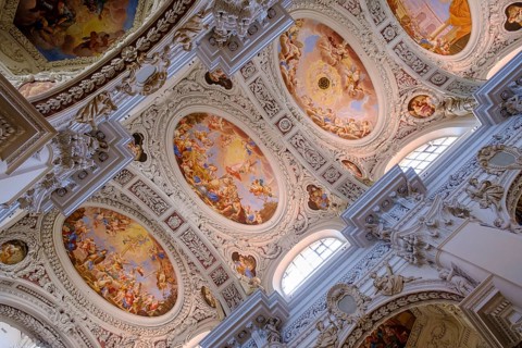 Ceiling frescoes and stucco, St Stephen's Cathedral, Passau, Lower Bavaria, Bavaria, Germany