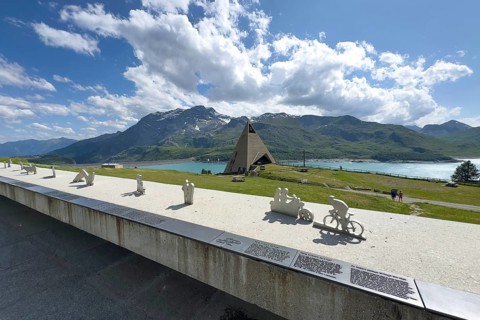 View from viewing platform to Mont-Cenis Pyramid Museum with stylised pyramid as museum in memory