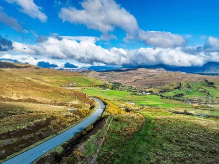 Farms and Moors over Loch Harport from a drone, Drynoch, Isle of Skye, Highlands, Scotland, United