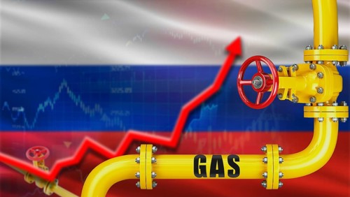Gas pipeline with Russia flag in background. Increase in gas production with Russian flag, Concept