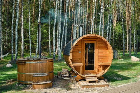 Relaxing wooden sauna and hot tub in a tranquil forest setting near a serene lakeshore