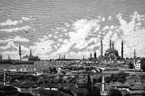 Cityscape of Adrianople or Edirne with Selimiye Mosque, Ottoman architecture, domed building,