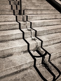 Uneven concrete steps in an urban area expose cracks filled with weeds growing in the crevices.