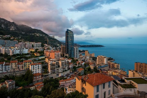 Panorama, Skyline with skyscrapers by the sea, Sunset, Monte Carlo, Cote d'Azur, Monaco