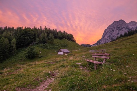Magical sunset at the Halsalm above the Hintersee near Berchtesgaden