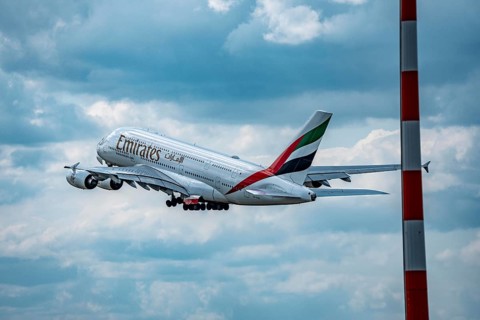 Emirates Airbus A380-800, on take-off, Düsseldorf Airport, North Rhine-Westphalia, Germany
