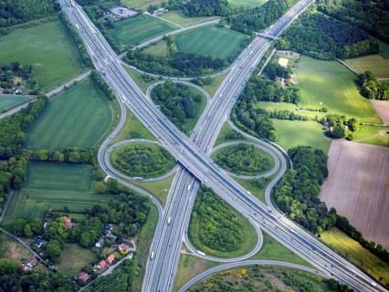 Aerial view, motorway junction Bielefeld, Germany, motorway, traffic, bab, exit, entrance, aerial