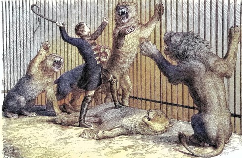 Thomas Batty, 1832-1903, English tamer and circus owner and his lions, coloured woodcut from 1864,
