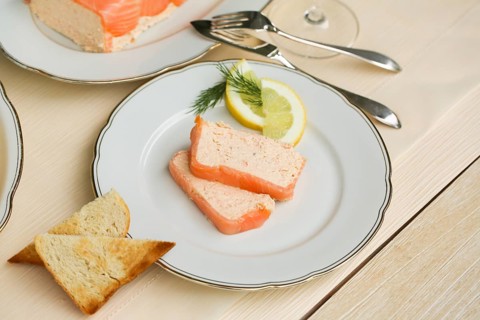 Southern German cuisine, salmon trout terrine arranged on a plate, salmon terrine with trout