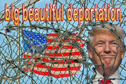 Symbolic image, Trump as US dictator, lawless deportations, no more United States, democracy versus