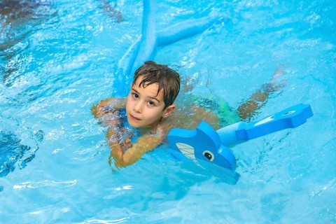 Young boy swimming in a pool, happily playing with an inflatable toy dolphin, enjoying the