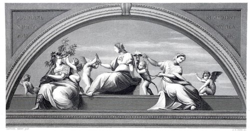 The Cardinal Virtues, Fortitude, Prudence and Temperance, after a painting by Raphael, illustration