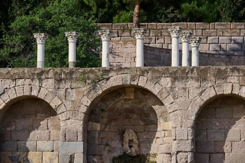 Ancient stone structure with columns and overgrown trees in the background, arcade, lower terrace,