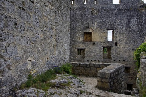 Close-up of an old, stone castle ruins courtyard, Reußenstein castle ruins, Neidlingen