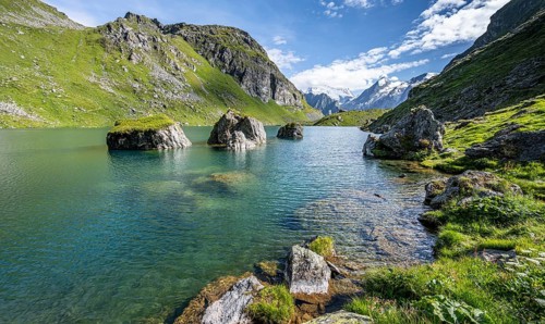 Mountain lake with view of glaciated mountain peaks, Lac du Louvie with summit Grand Combine,