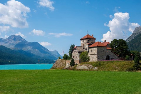 Crap da Sass Castle on Lake Silvaplana near St. Moritz, Engadin, Graubünden, Switzerland