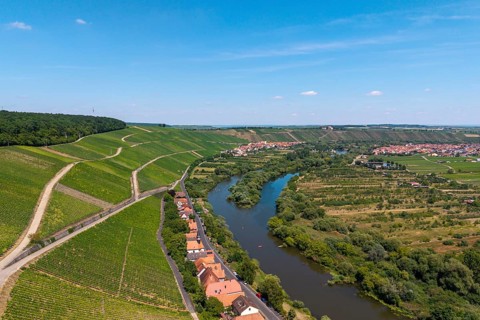 Mainschleife in summer, charburner near Volkach, behind Escherndorf, Nordheim and Vogelsburg,