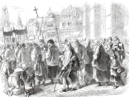 Pilgrimage to Kevelaer, group of pilgrims on the way to the pilgrimage church, 1869, District of