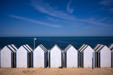 Bathing huts, beach huts, beach cabins, bathing cabins, cabins, sea, sky, blue, Yport, Normandy,