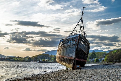 Corpach Wreck or Old Boat of Caol and Nevis Range Mountains, Caol Beach, Corpach, Fort William,