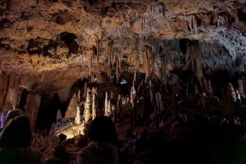 Tourists walking past limestone rock formations in a cave at Florida Caverns State Park in the
