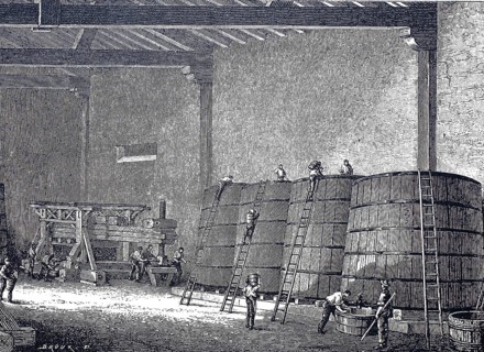 Wine production, view into a fermentation cellar, in the background an old wooden press, around