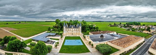 Panorama of Chateau Pichon Longueville Baron Vineyard and grape fields around Pauillac from a
