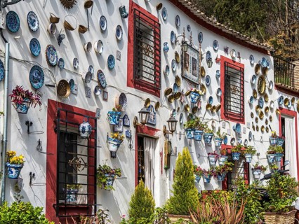 House casa la sevillana, decorated white house, Granada, Andalusia, Spain