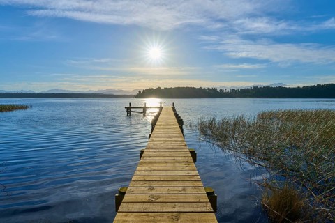 A long footbridge leads through reeds into the water of a lake, the sun is in the sky, Lake