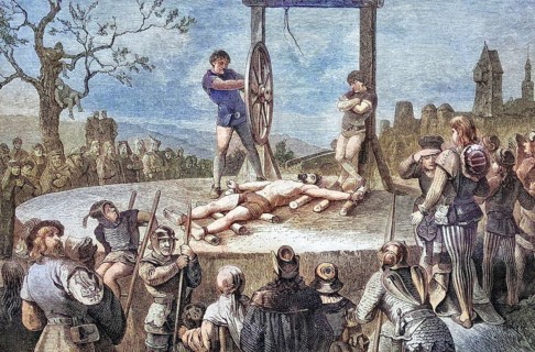 Torture, Execution of the death penalty by means of the wheel, Germany, coloured wood engraving,