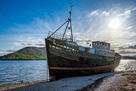 Corpach Wreck or Old Boat of Caol and Nevis Range Mountains, Caol Beach, Corpach, Fort William,