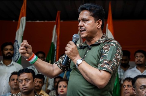 Bhupen Kumar Borah, president of Assam Congress committee speaks during celebrate after Indian