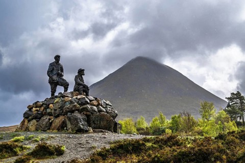 Collie and MacKenzie Statue, Sligachan Old Bridge, Isle of Skye, Scotland, UK