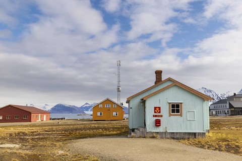 The world's northernmost postal station, wooden house, letterbox, Ny-Alesund, Spitsbergen, Svalbard