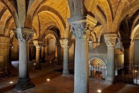 Vaults, canopy, columns and capitals in the underground grove of columns, pagan crypt, 10th