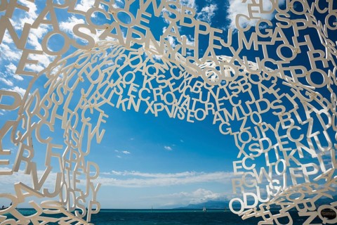 Sculpture made of letters, Le Nomade, artist Jaume Plensa, Antibes, Provence Alpes Côte d'Azur,