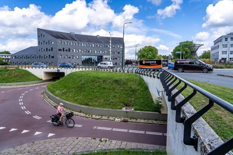 Roundabout in the Dutch city of Houten, the lanes for cars and bicycles are separated, the cycle