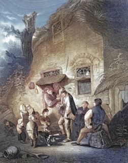 The organ grinder, barrel organ, scene at a farmhouse with several people in conversation and a dog