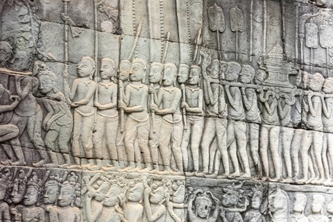 Stone bas-reliefs, Khmer war campaign against the Cham, relief wall, east façade, Bayon temple,